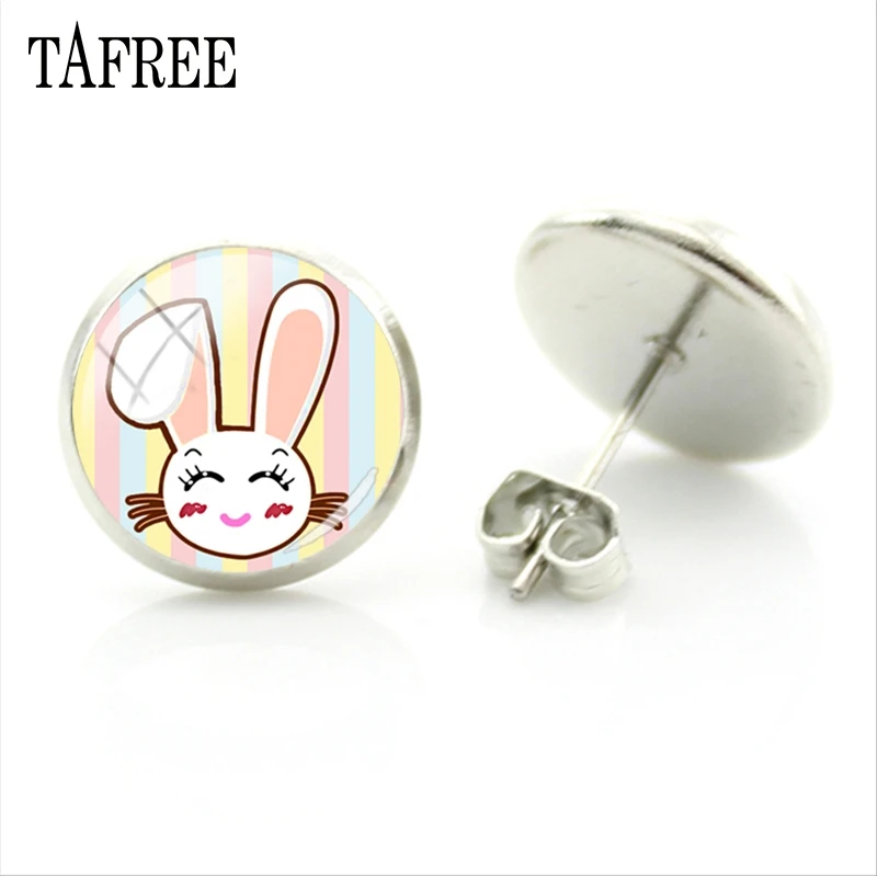 

TAFREE 2019 New Rabbit Picture Earrings 25mm round glass cabochon Stud Earrings Origin Cartoon Figure ears jewelry RB63