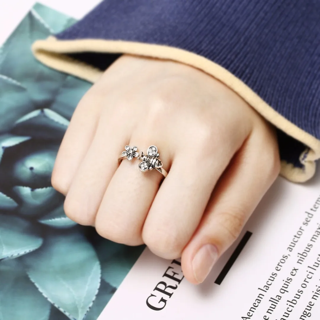 Chic Adjustable Open Ring Sexy Womens Cute Honey Bee And Flower Finger Ring Cool Elegant Jewelry For Women Shellhard