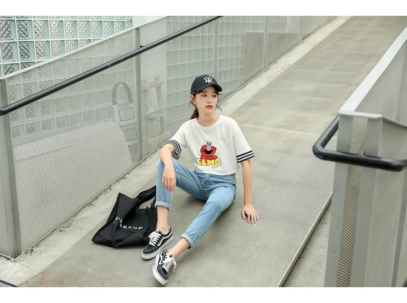 New Cotton Harajuku Kawaii T Shirt Lovely Funny Sesame Street Elmo Cartoon Print Strpied Spliced Tops Tee Shirt Femme Streetwear (9)