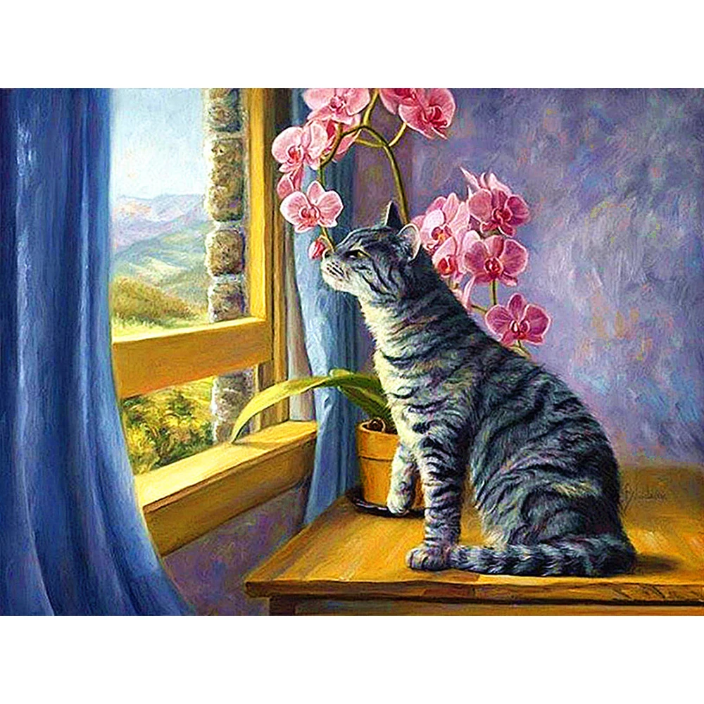 

LI LOYE 5D Diamond embroidery coss stitch kits Cat and flower icon round Diamond mosaic painting pictures decor craft RT362