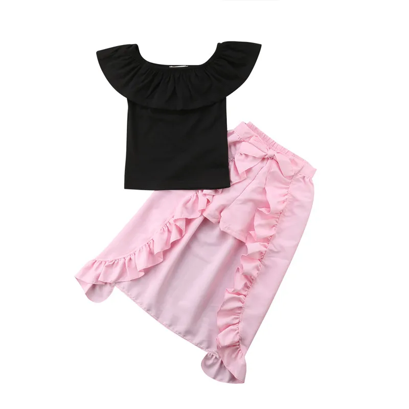 

Summer Baby Girl Clothes Set Kid Off-shoulder Short Sleeve T-shirt Top Ruffle Shorts Princess Party Girls Clothing Outfits 1-5T