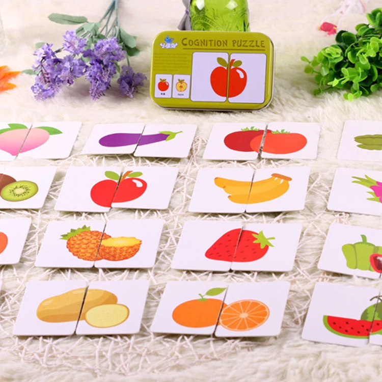 

Baby Early Head Start Training Puzzle Cognitive Card Vehicle/Fruit/Animal/Life Set Pair Puzzle Infant Toys Gift with Metal Box
