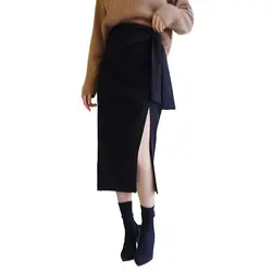 2019 Streewear Летние черные миди юбки женские с высокой талией Элегантные на шнуровке сплит юбки Harajuku Корейская женская юбка jupe femme