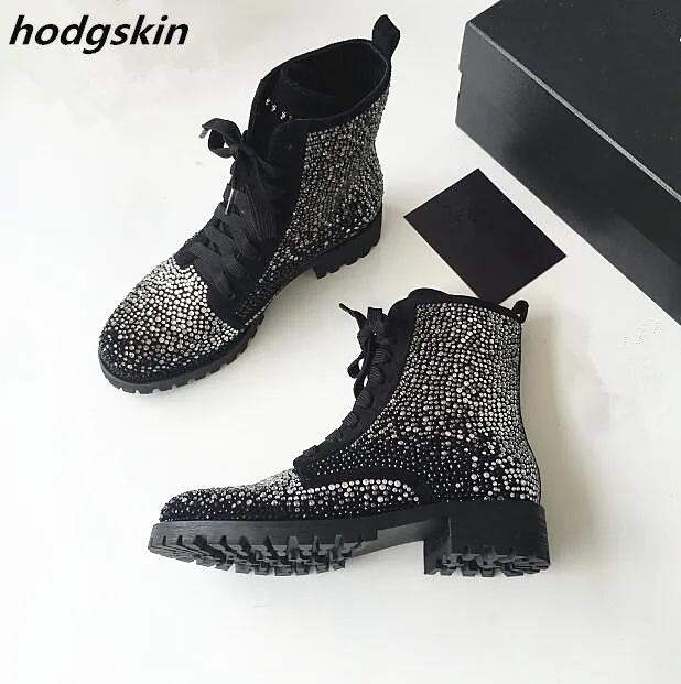 

2019 Runway Luxury White Black Crystal Rhinestone Studs Women Boots Lace Up Ankle Botines Zapatillas Shoes Woman