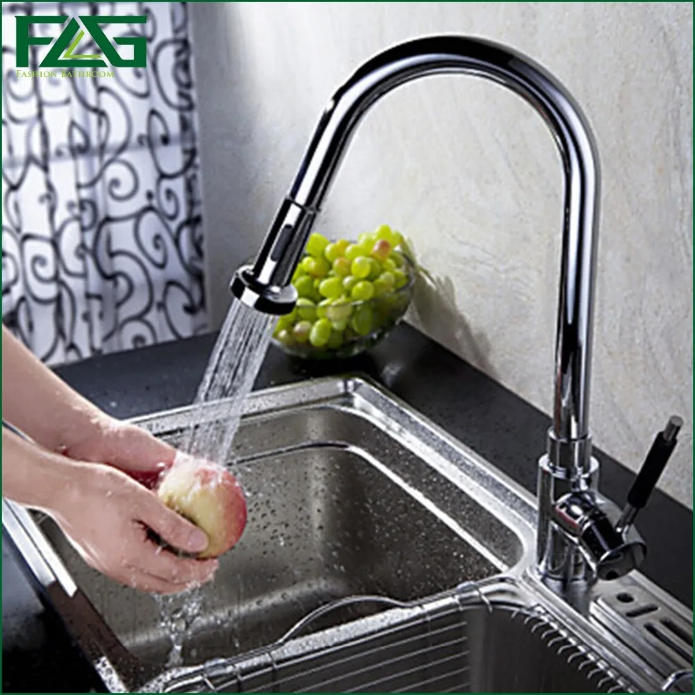 

FLG Kitchen Faucet Copper Chrome Rotatable Single Handle Single Hole All Around Rotate Swivel 2-Function Water Outlet Taps C013