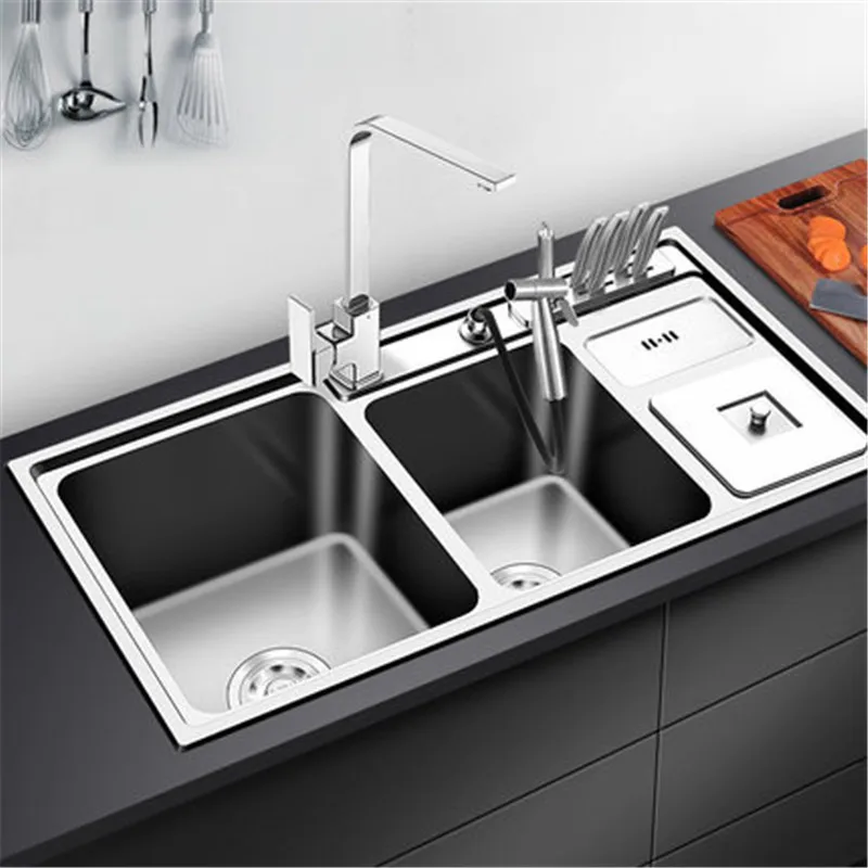 

stainless steel nanometer three slot with trash multi-functional kitchen sink xiancai basins thickening two-groove meal