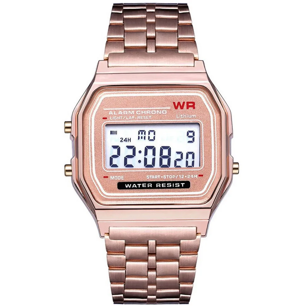 

Business Golden Gold Watch Coperation Vintage Women Men Dress Stainless Steel LED Digital Alarm Stopwatch Wrist Watch Waterproof