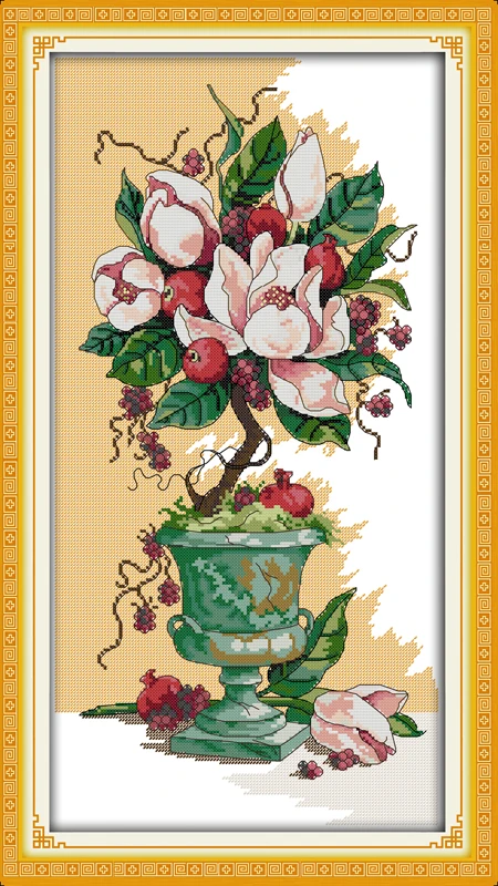 

Needlework,DIY DMC Cross stitch,Sets For Embroidery kits, Peony Flowers and fruit vase Patterns Cross-Stitch kits home decor