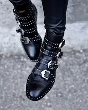 2016 Black Studded Buckle Boots Silver-tone studded women boots hardware Four straps Ankle-high buffed calfskin boots in black