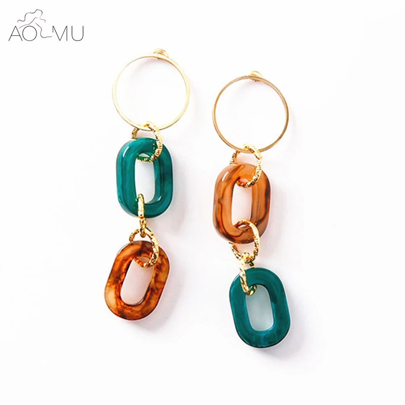 

AOMU Vintage Green Brown Marble Pattern Geometric Circle Oval Drop Earrings for Women Metal Chain Tassel Dangle Acrylic Earrings