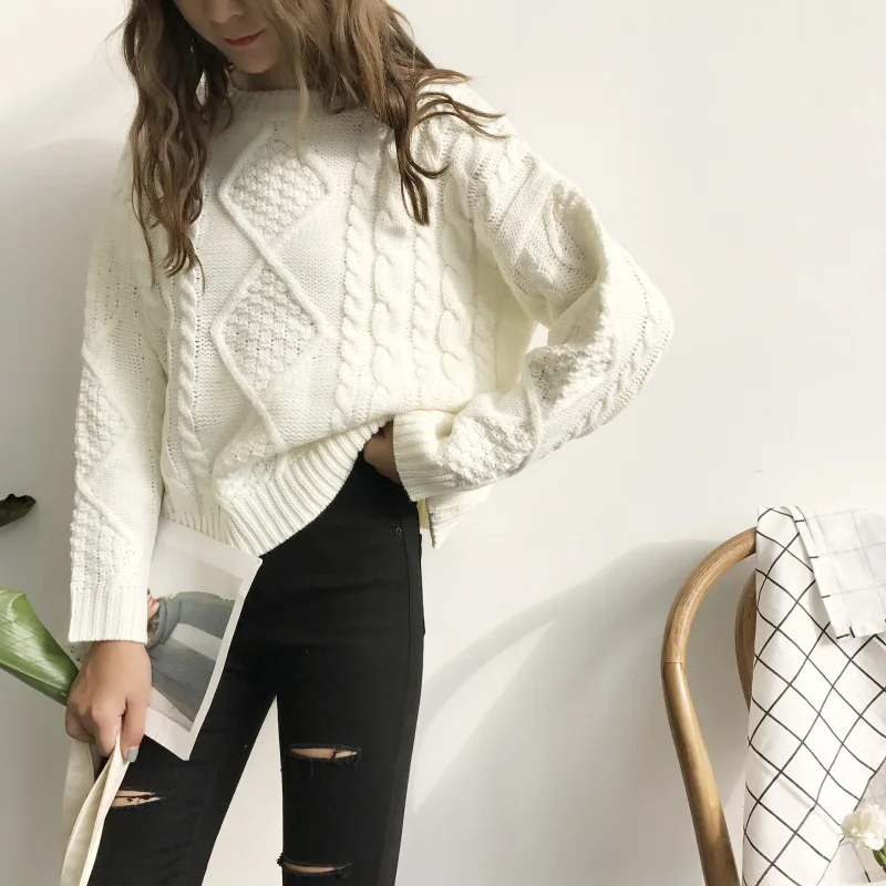 

Korean Autumn Winter Long-sleeved Bottom Knitted Sweaters Women Fresh Style Loose Twist Pattern Pullovers Thick Warm Sweater