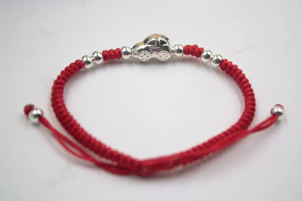 

New Real S925 Sterling Silver Chain Women Lucky Car Bead Red Knitted Bracelet