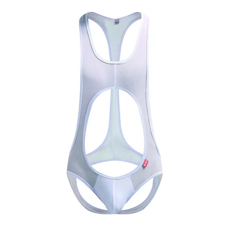 Sexy Jumpsuit Men's Transparent Underwear Wrestling Singlet Bodysuits Male Exposed Hip Hanging Neck Jumpsuits Man Undershirt