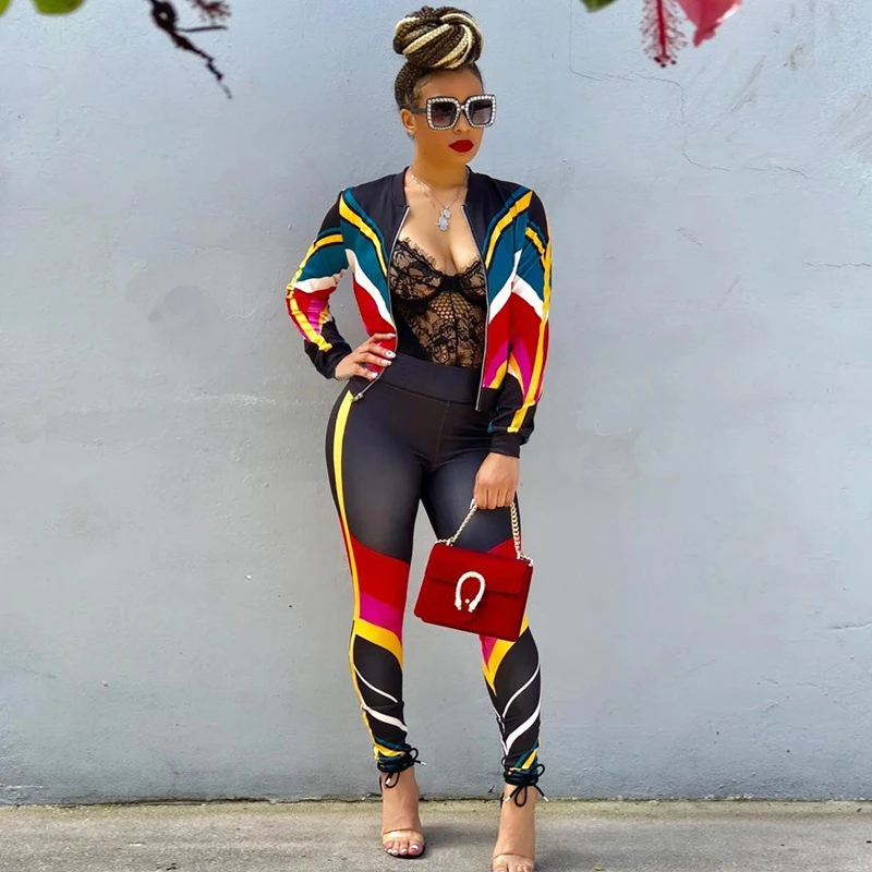 

TWO PIECE SET Women Tracksuit Runway Matching Outfit Multi Stripe Color Long Sleeve Streetwear Harajuku Loungewear Plus Size 3XL