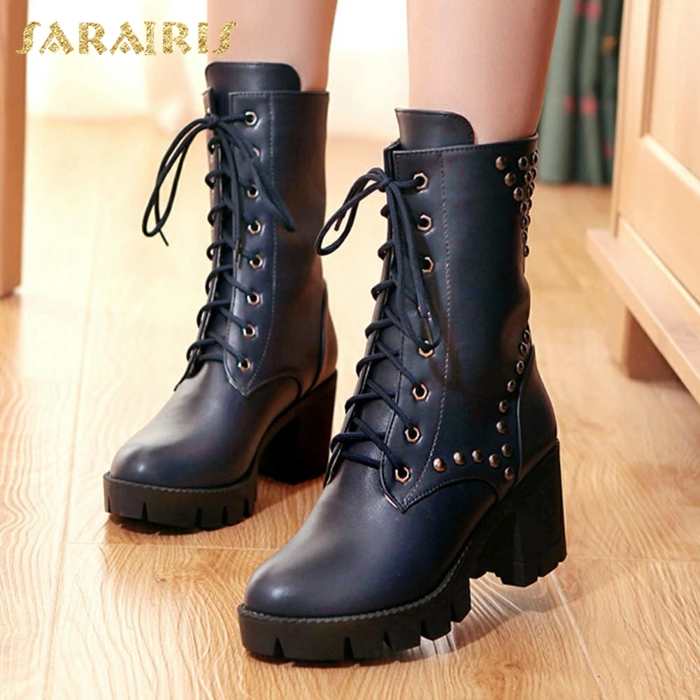 

SARAIRIS New wholesale Square Heels Lace Up Ankle Boots Woman Shoes rivet platform autumn Shoes Woman Boots Female