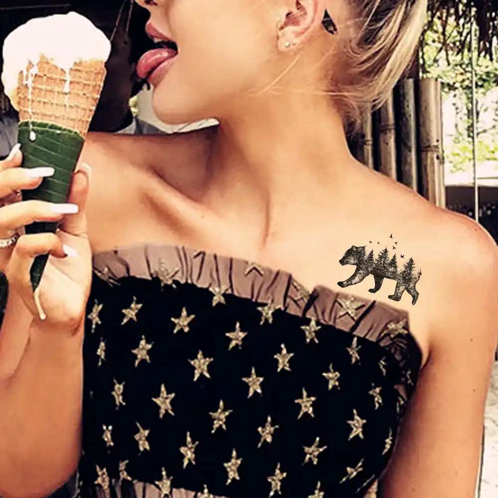 Waterproof Animals Forest Bearbirds Small Tattoos Stickers Body Arm Custom Tatoos Temporary Black Men Tattoo Fake Women Papertemporary Tattoos Aliexpress