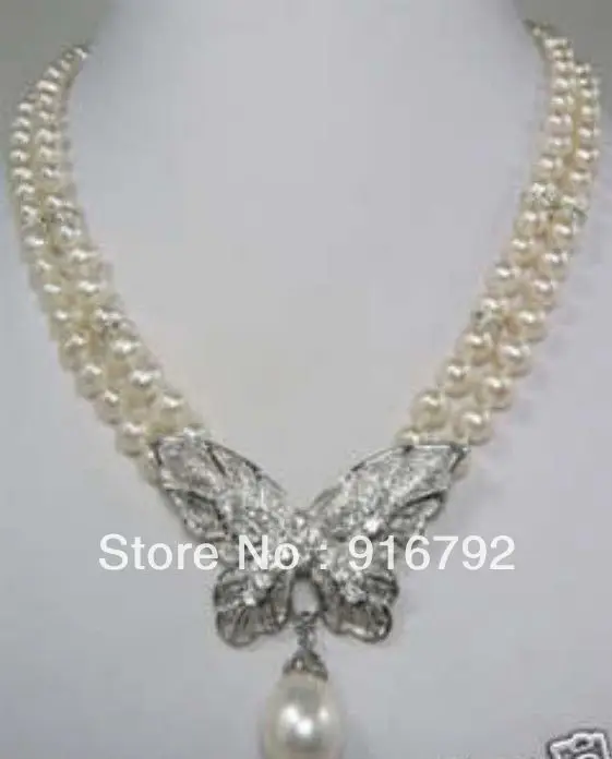 

Free shipping@@@@@ free shipping >>>>> 2 rows White Pearl butterfly pendant necklace a