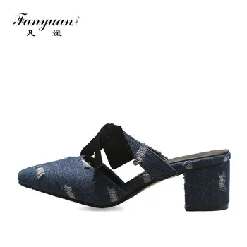 

Fanyuan Fashion Mixed Colors Denim Slippers Leisure Pointed toe Butterfly-knot High Heels Summer Ladies Slides women shoes