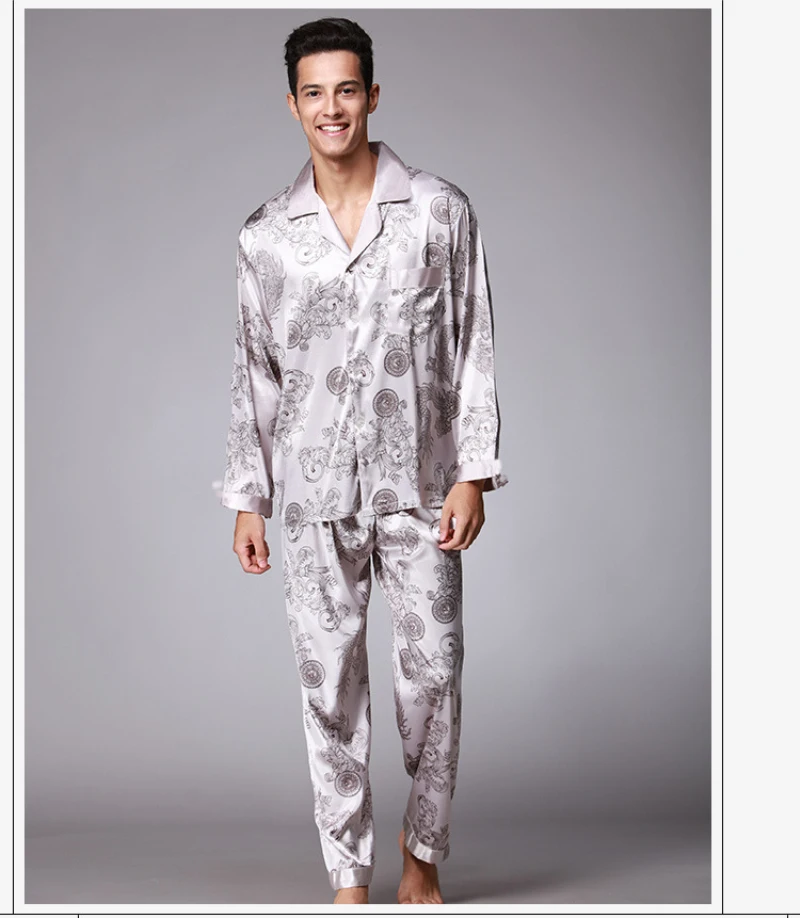 SSH004 Высокое качество печатных свадебные мужские пижамы атласные шелковые ночная рубашка демисезонный Мужской Длинные рукава