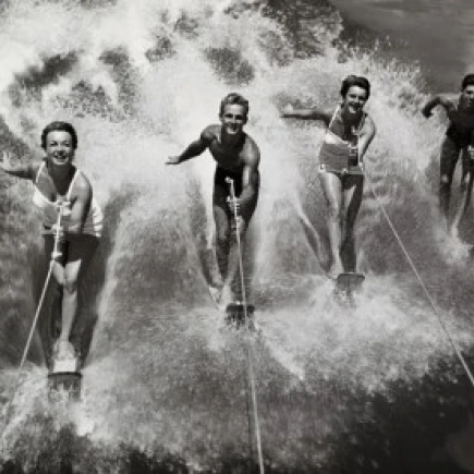 Portrait of two young couples waterskiing Poster Print (24 x 36)