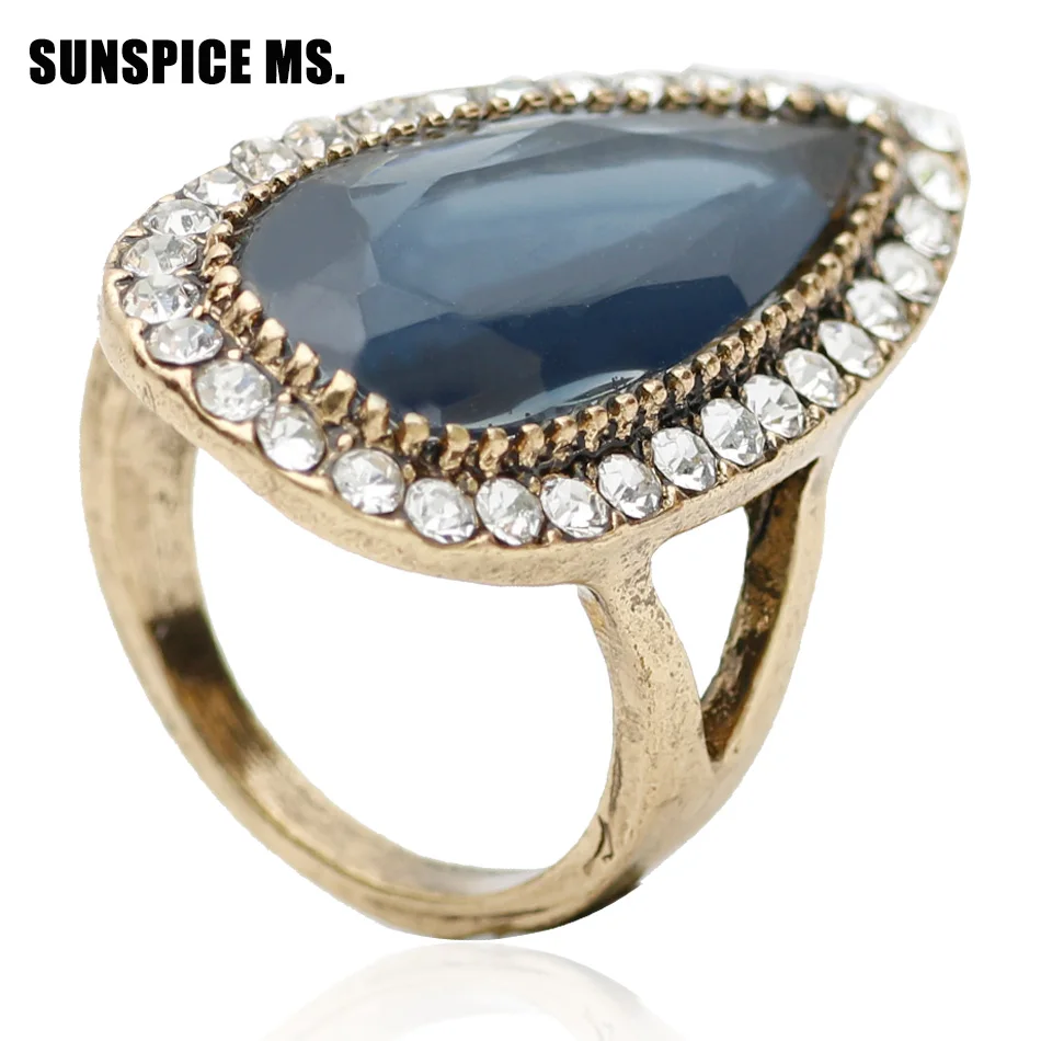 

Fashion Women Wedding Ring Ethnic Jewelry Turkish Indian Bridal Water Drop Resin Crystal Ring Antique Gold Color Vintage Bijoux
