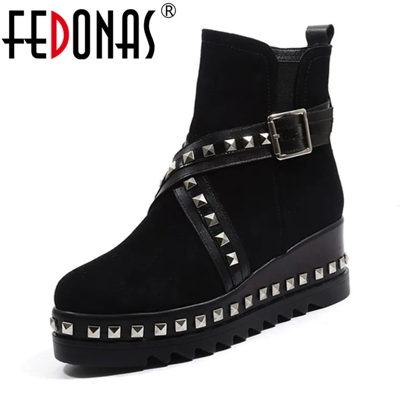 

FEDONAS Punk Ankle Boots Rivets Wedges High Heels Martin Shoes Woman Round Toe Platforms Casual Shoes Ladies Autumn Winter Boots