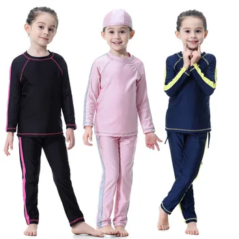 

Girls Muslim Hijab Swimsuit Swimming Suit Beach Wear Children Tops Bottom Pants Set Cap Bathing Burkinis Kids Islamic Clothes
