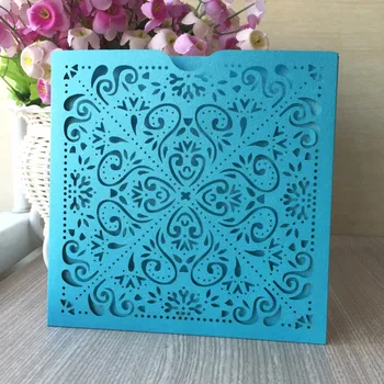 

12pcs Wholesale Luxury Party Decoration laser Greeting Wedding Invitation Card Dark Gold &Sky Blue Color Square Pocket Design