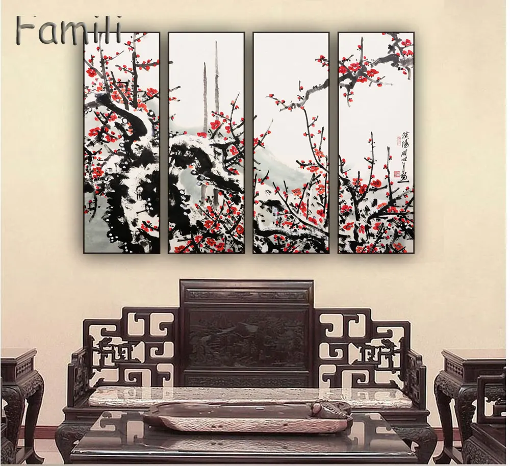 4 шт. современный настенный Декор для дома напечатанная картина маслом китайский цветок сливы Орхидея бамбуковая Хризантема для спальни