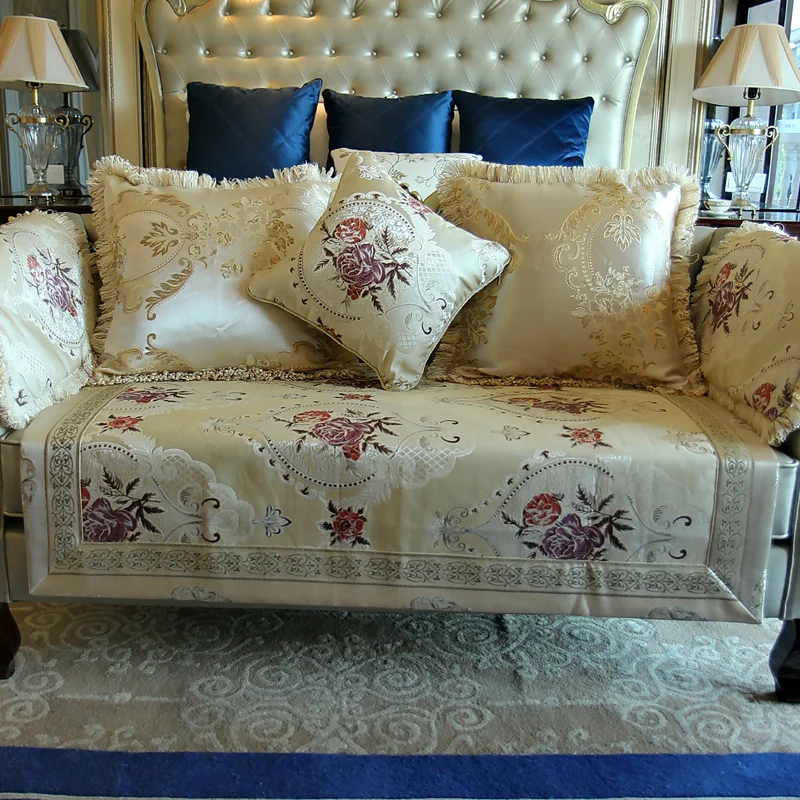 Luxury European Style High Precision Jacquard Sofa Cover Towel / Light Brown Beige Fabric