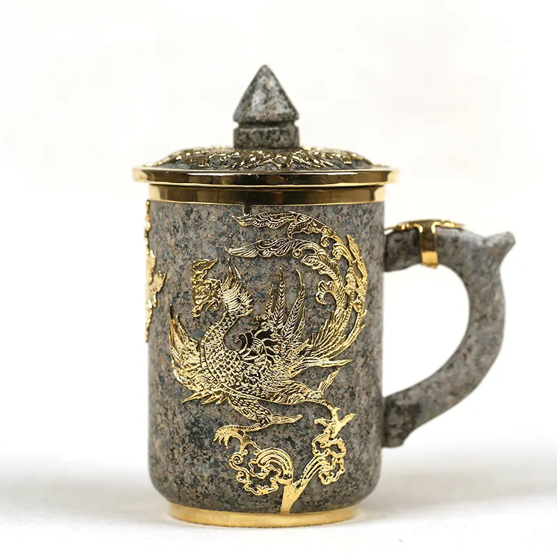 Внутренний монгольский натуральный камень золотой дракон чашка оригинальная Золотая инкрустация персональный подарок домашняя Кружка 400 мл - Цвет: 2