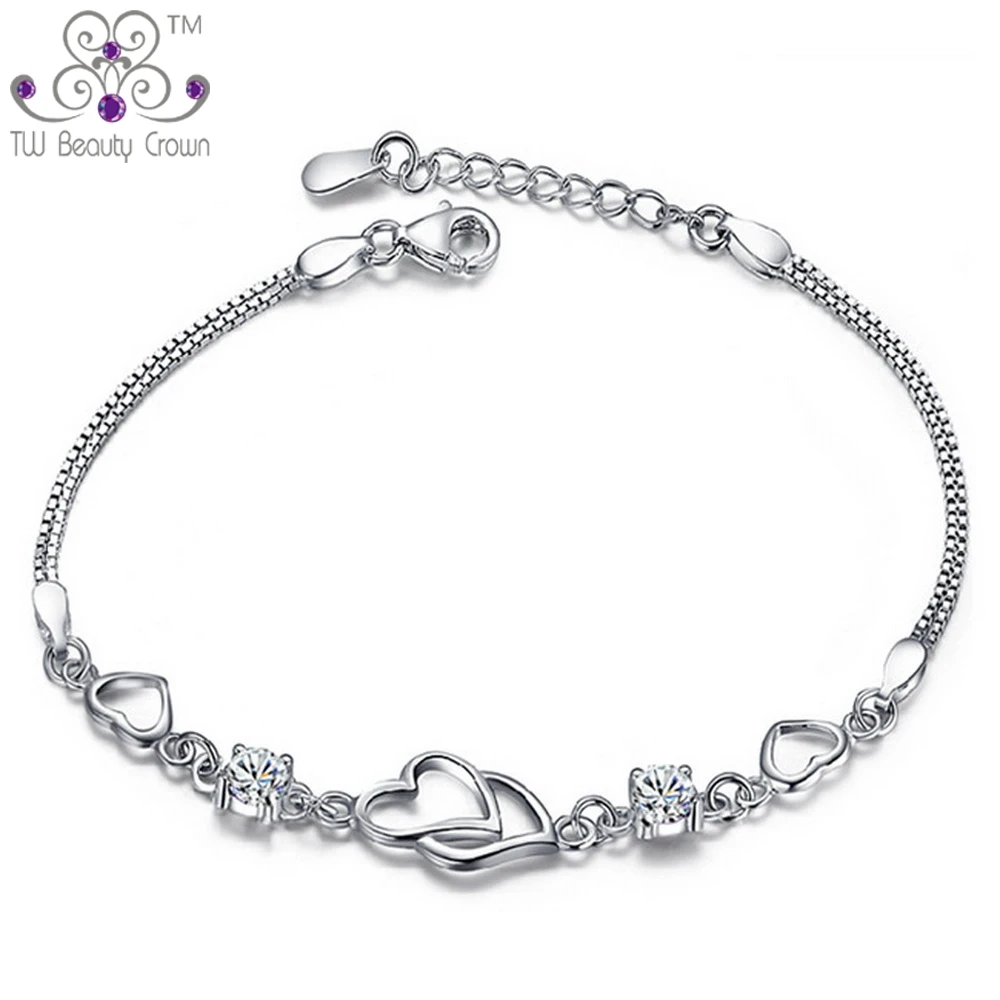 

New High Quality Real 925 Pure Silver AAA Grade White Crystal Chain & Link Bracelet For Women Lovers Gifts