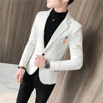 

Leather Jacket Men Slim fit Casual Blazers Men Suits Clothes Mens Suits Tuxedos Black White Red 2019 New