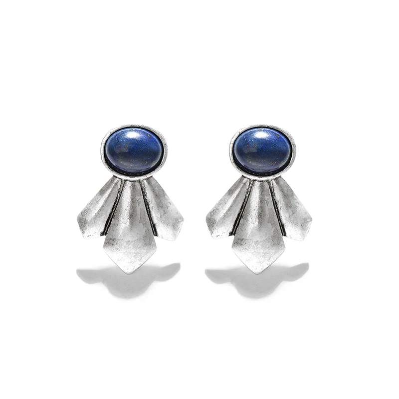 Богемные геометрические серьги-гвоздики с синим натуральным камнем, ювелирные изделия для женщин, винтажные античные серебряные серьги, подарок