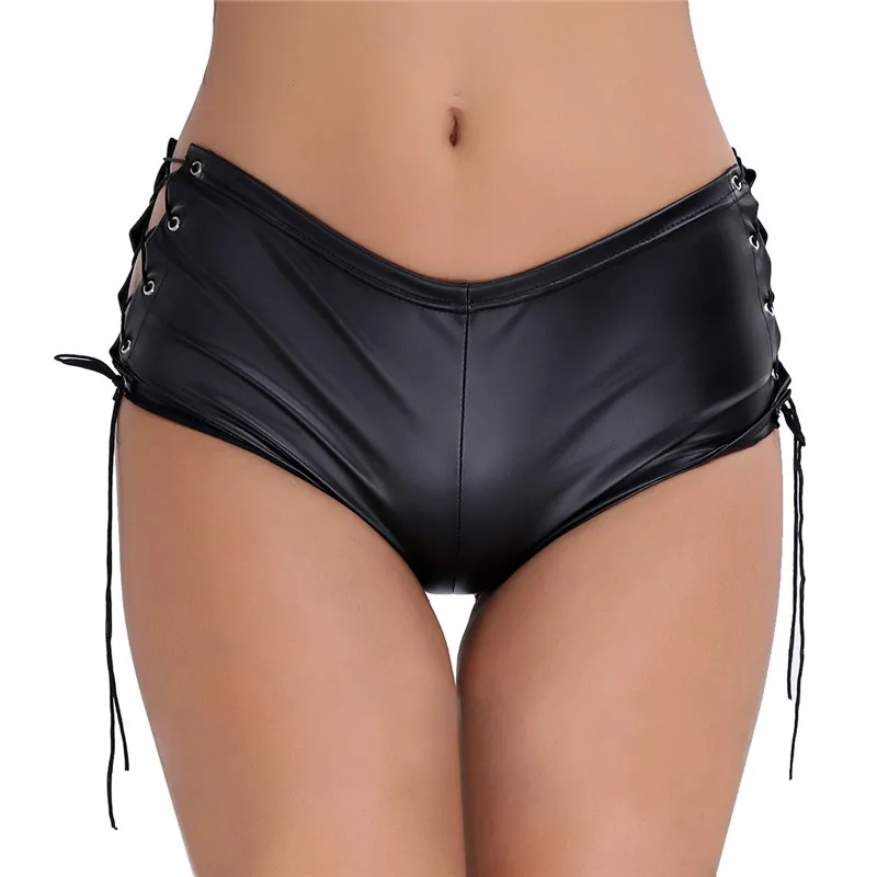 

ChicTry Women Black Patent Leather Lace Up Hot Mini Shorts Nightclub Rave Party Pole Dance Shorts Stage Performance Sexy Shorts
