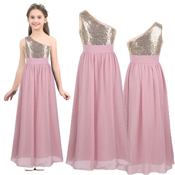 

Flower Girl Dress One Shoulder Sequined Chiffon Teen Girls Wedding Party Dress Vestido de festa Girls Princess Summer Dress