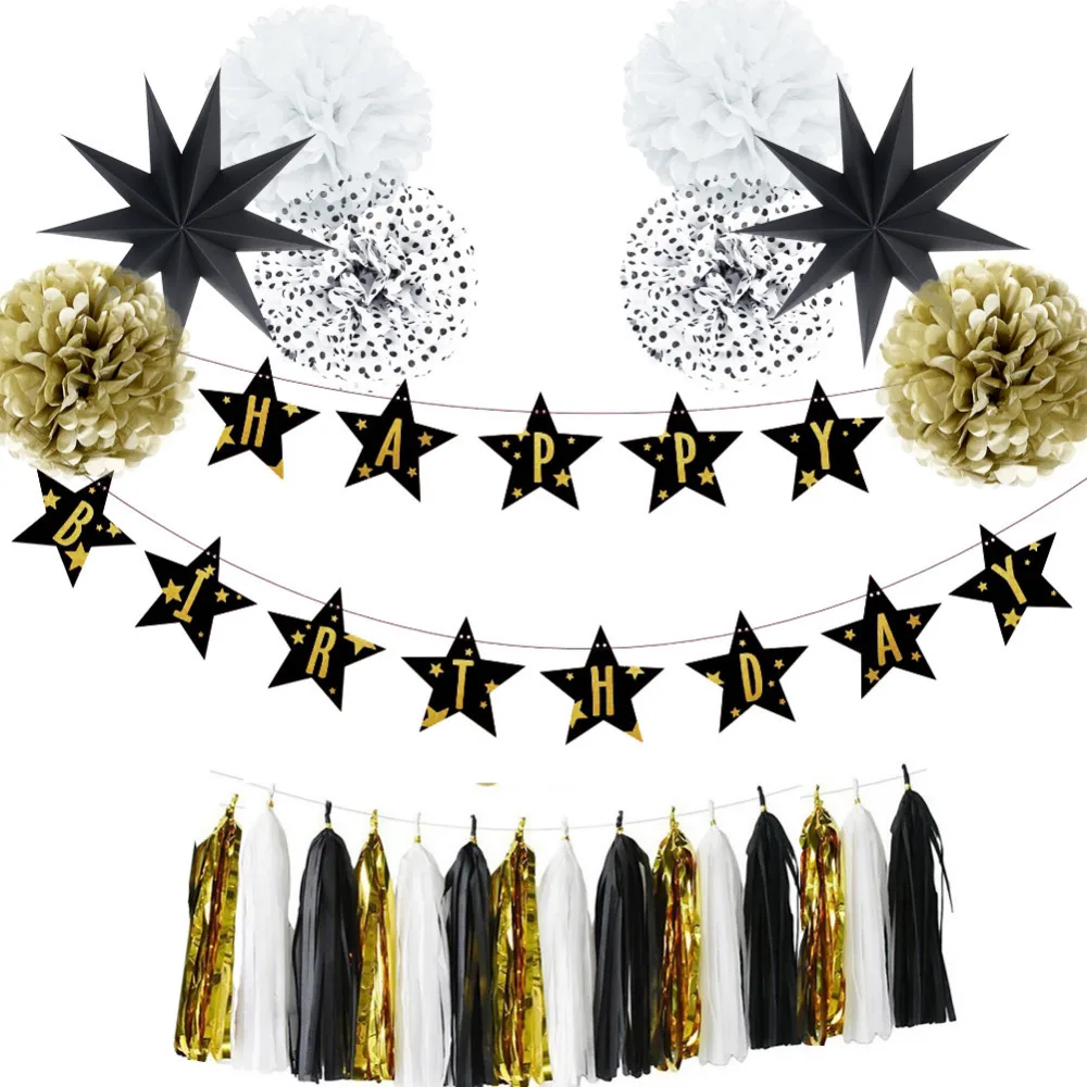 

12pcs Gold And Black Birthday Party Decorations Adult With Happy Birthday Banner Paper Star Lanterns Adult Birthday Backdrop
