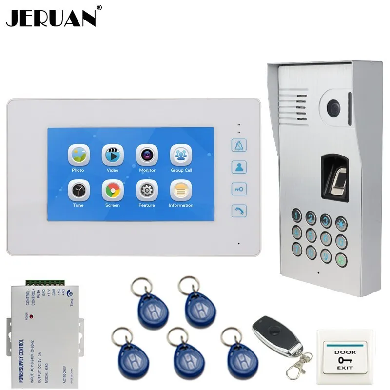 JERUAN 7 inch Touch Key Video Door Phone Doorbell Intercom System Record Monitor +Fingerprint Code Keypad Access Camera In Stock