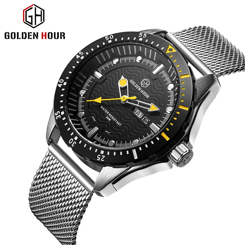 

GOLDENHOUR Casual Men Watch Mesh Stainless Steel Band Sport Men's Watches Waterproof Date Clock Quartz Wristwatch Male Relogio