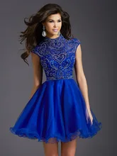Mini Blau Homecoming Kleid Mit Perlen Appliqeu Hohen Sleeveless Eine Linie Mit Schlüsselloch Zurück Tüll Cocktailkleid