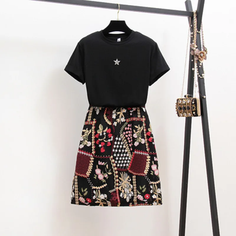 High Quality 2021 Summer Flower Embroidery Skirt Suit Women Diamonds Star Black Cotton T-Shirts+ Mini Two Pieces Set |