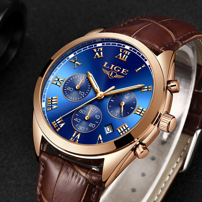 

New Mens Watches LIGE Top Luxury Brand Waterproof Sport WristWatch Chronograph Quartz Military Genuine Leather Relogio Masculino