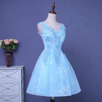 

Bridesmaid Dresses Pretty Lace Women Elegant V Neck Sky Blue Beads Sleeveless 2019 Wedding Party Dress