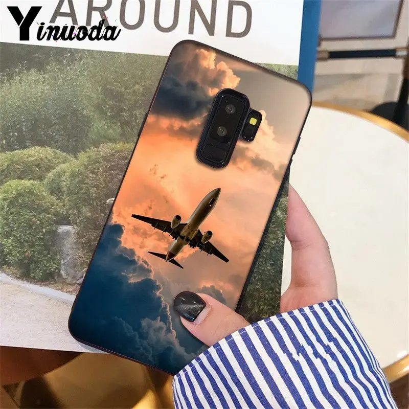 Airplane travel in the sunset