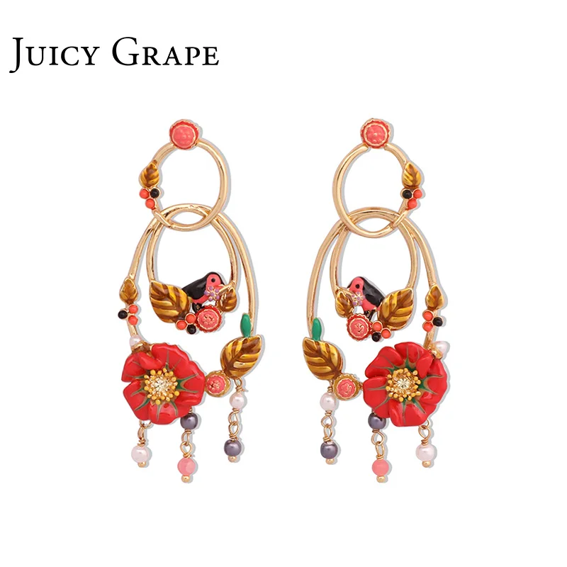 

Festive Flower Bird Round Layered Long Gold Earrings Fashion jewelry valentines day Gift