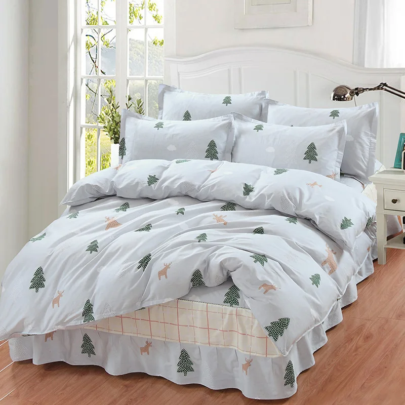 

Hot sell 4pcs Adults twin full Queen King Size christmas tree deer Bed skirt Duvet Cover PillowCase 100%Cotton white Bedding Set