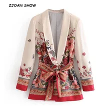 Flor retro Blazer de cintura con fajas estampadas 2018 Casual chal de mujer con cuello Slim Fit medio largo traje chaqueta abrigo con cinturón