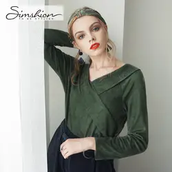 Simshion Для женщин зеленый Винтаж искусственного меха рубашки Осень плотная одежда с длинным рукавом с Блузки Топы Женский Повседневное