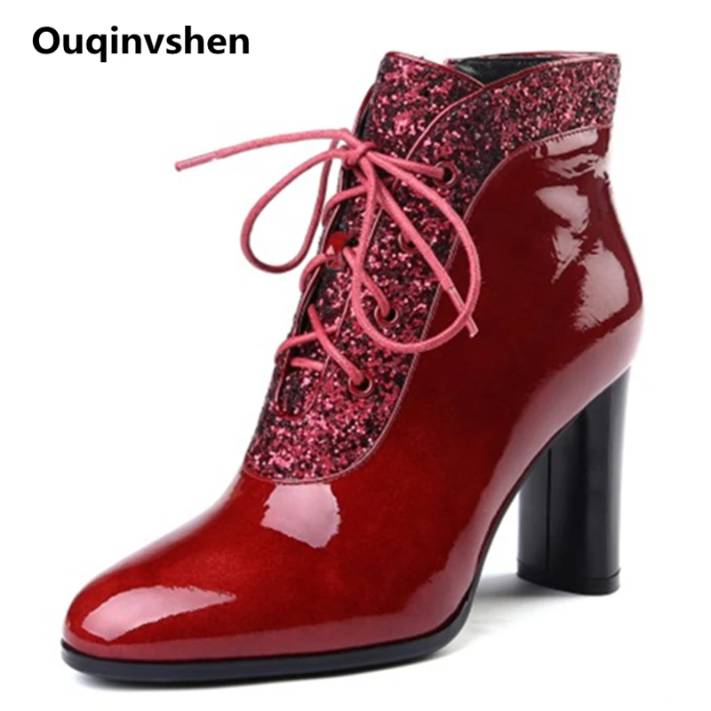 

Ouqinvshen Bling Wine Red High Heels Boots Women Plus Size Women 43 Round Toe Autumn Ankle Boots Lace Shoes Shoes Woman Winter