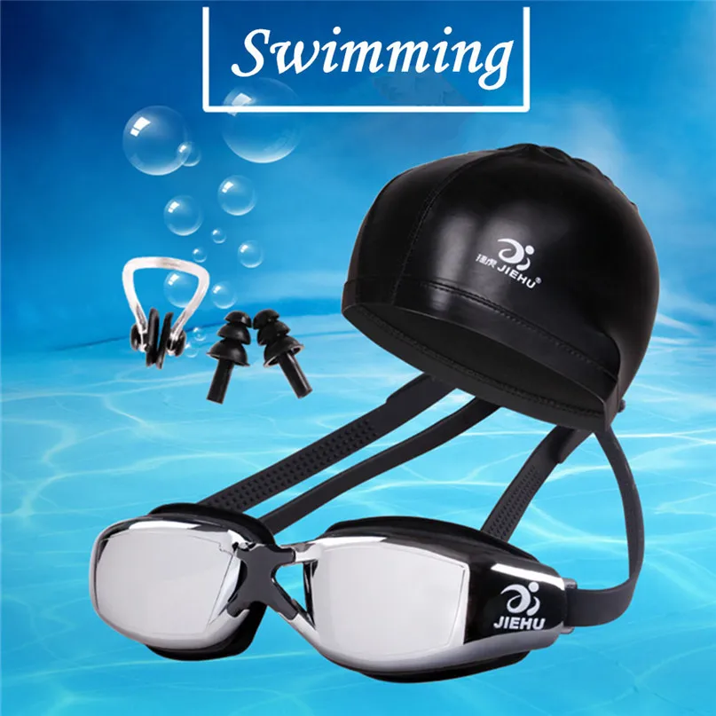 New Professional Swimming Goggles Anti-Fog UV Adjustable Plating Men Women Waterproof Silicone glasses with Swimming cap #3J10#F (15)